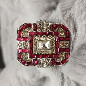 Silver tone Pink and Clear Rhinestone Ring